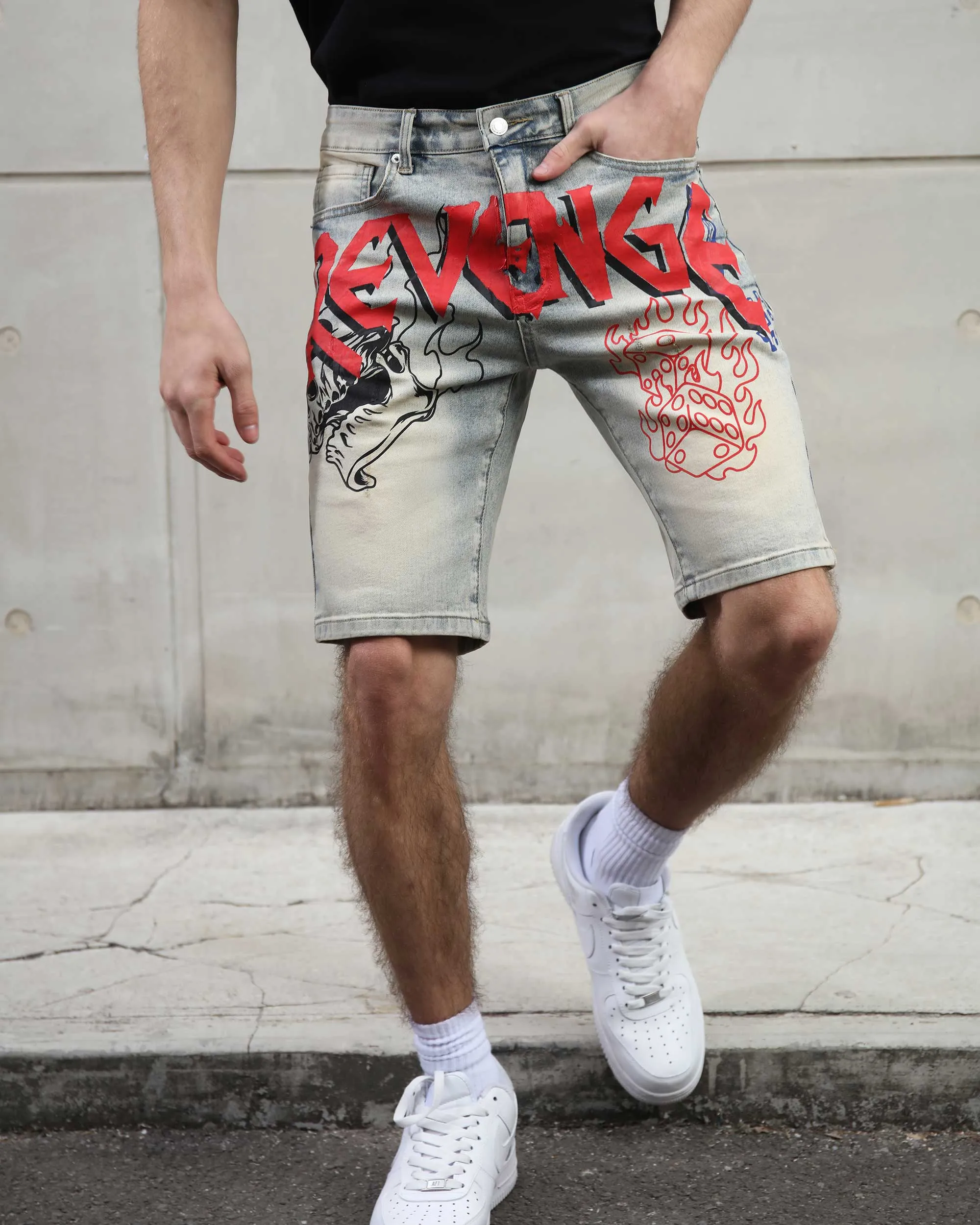 Retro Distressed Blue Denim Shorts with Street Graffiti-Mexico Local Delivery