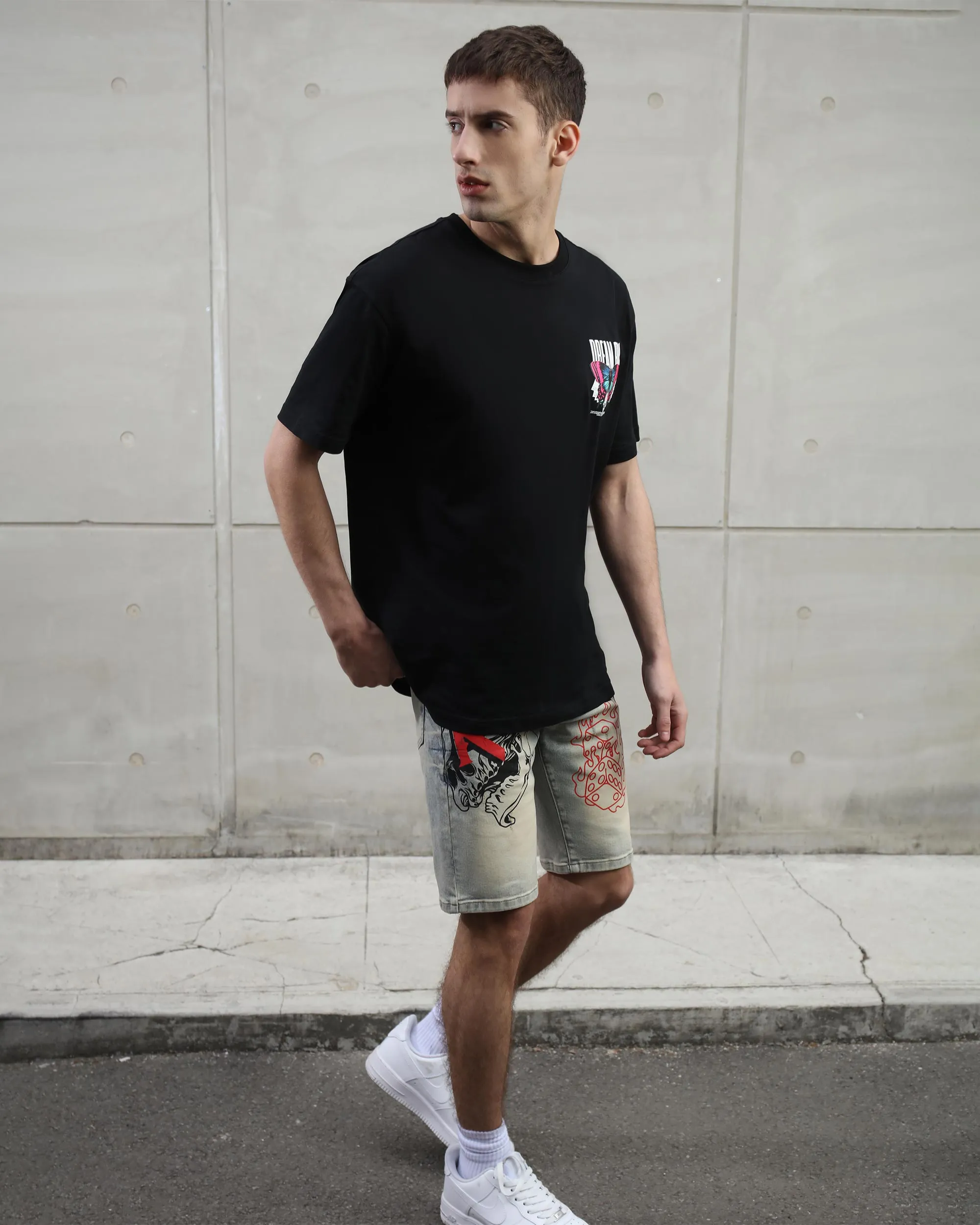 Retro Distressed Blue Denim Shorts with Street Graffiti-Mexico Local Delivery
