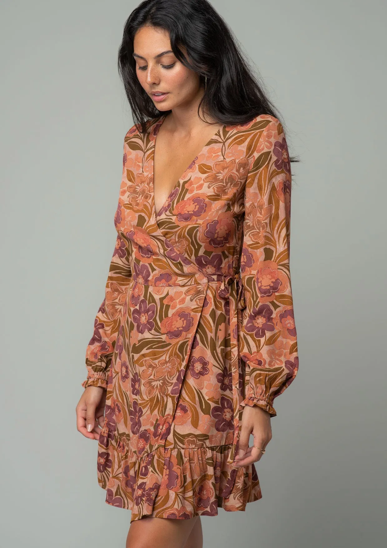 Retro Floral Long Sleeve Mini Wrap Dress