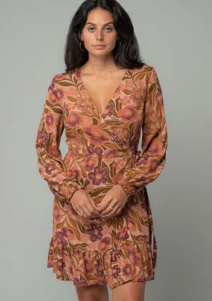 Retro Floral Long Sleeve Mini Wrap Dress