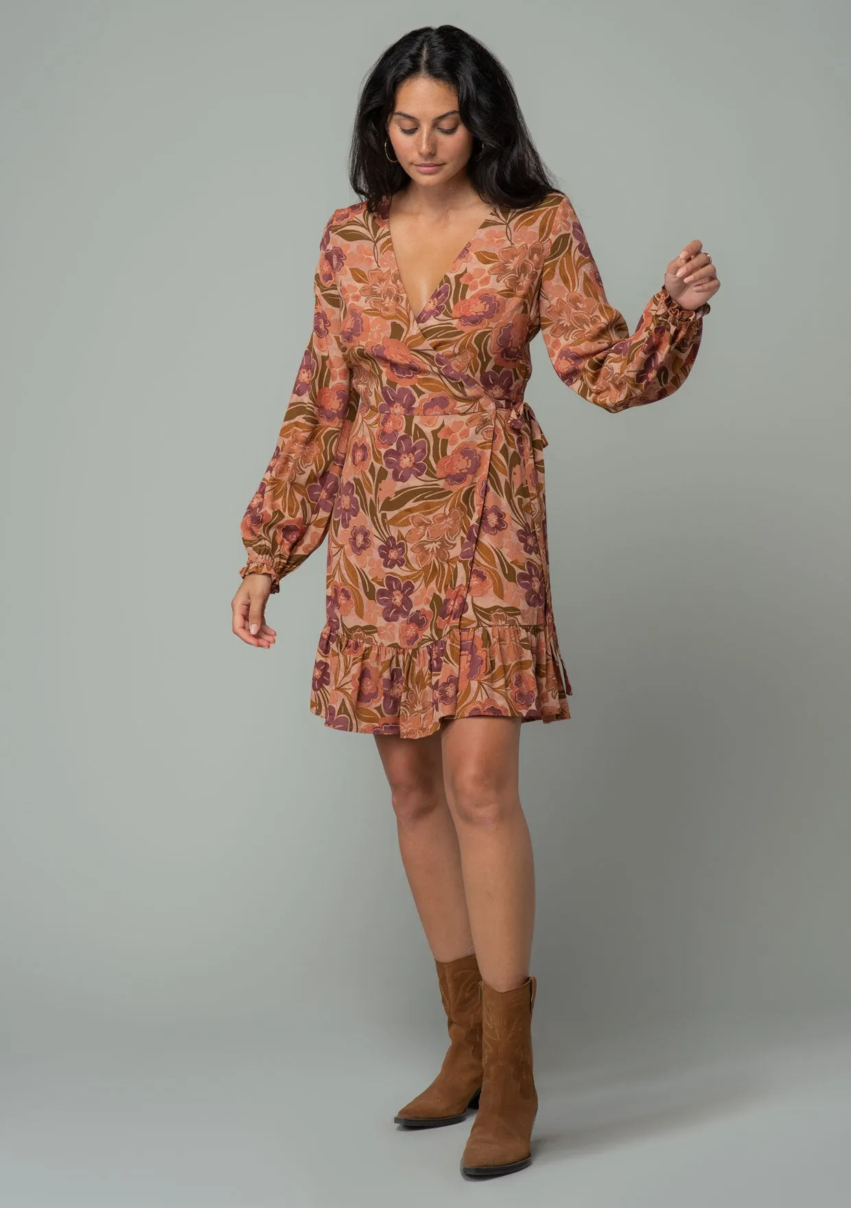Retro Floral Long Sleeve Mini Wrap Dress