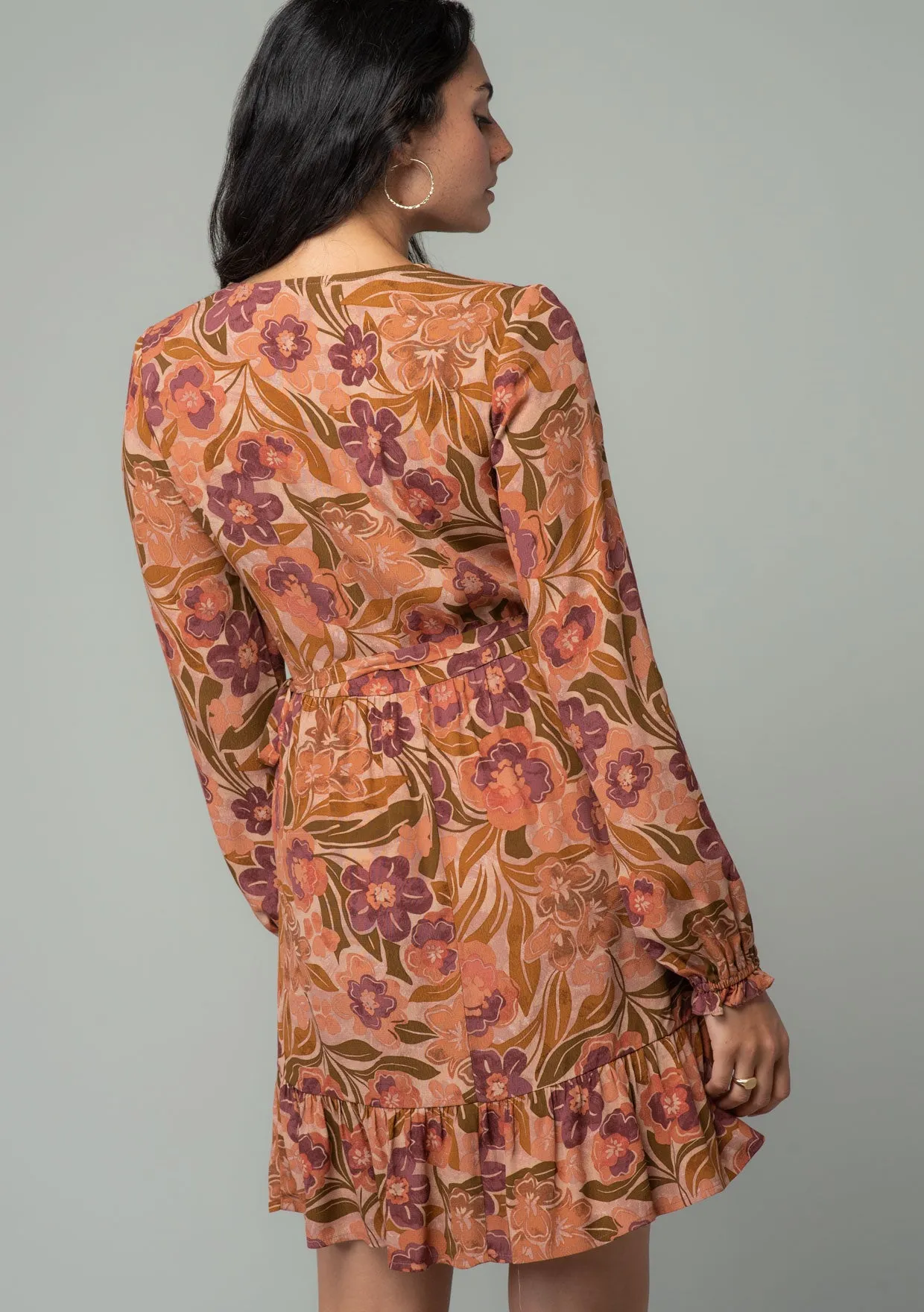 Retro Floral Long Sleeve Mini Wrap Dress
