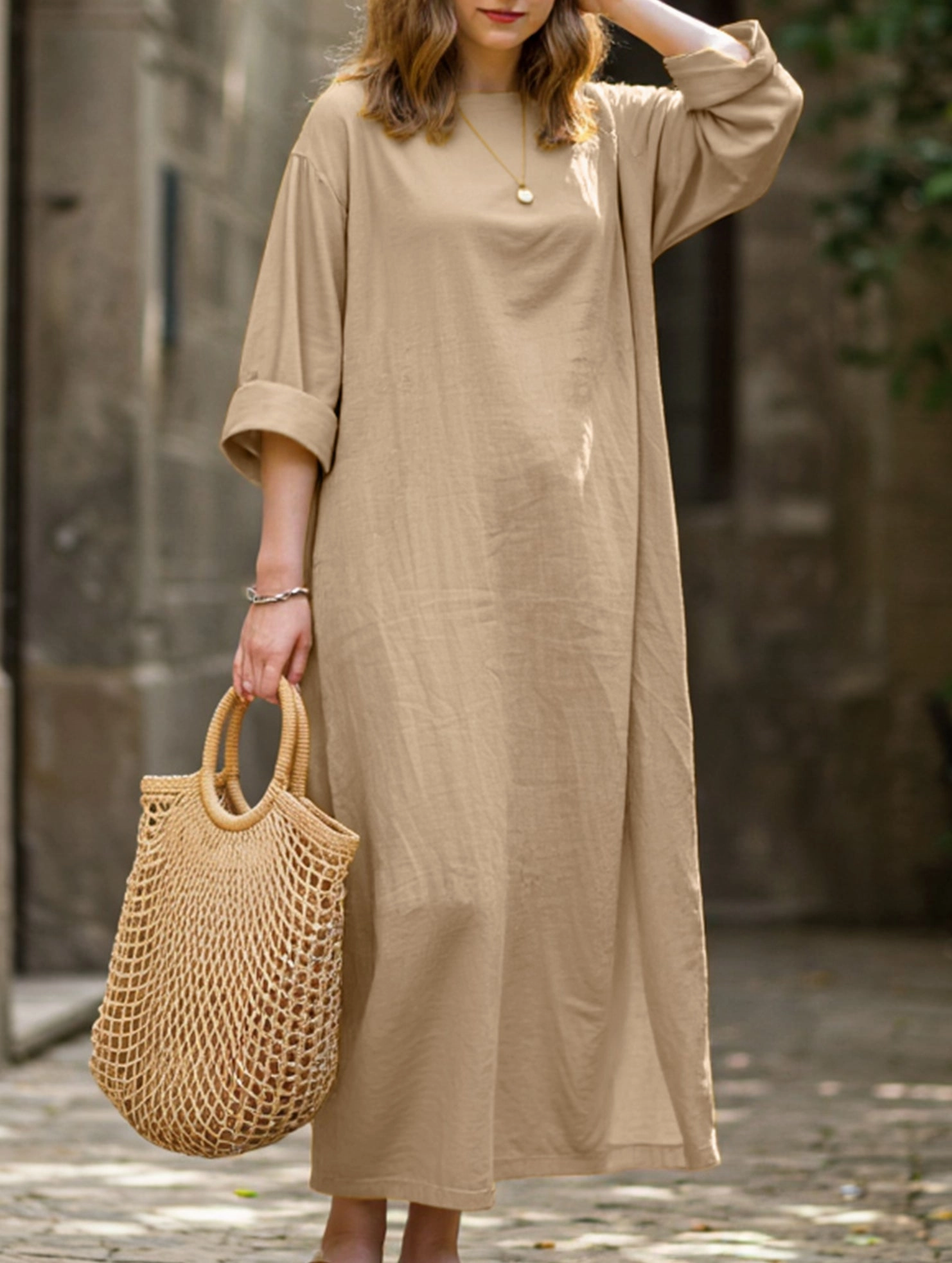 Minimalist Waist Retro long-sleeved round neck loose dress