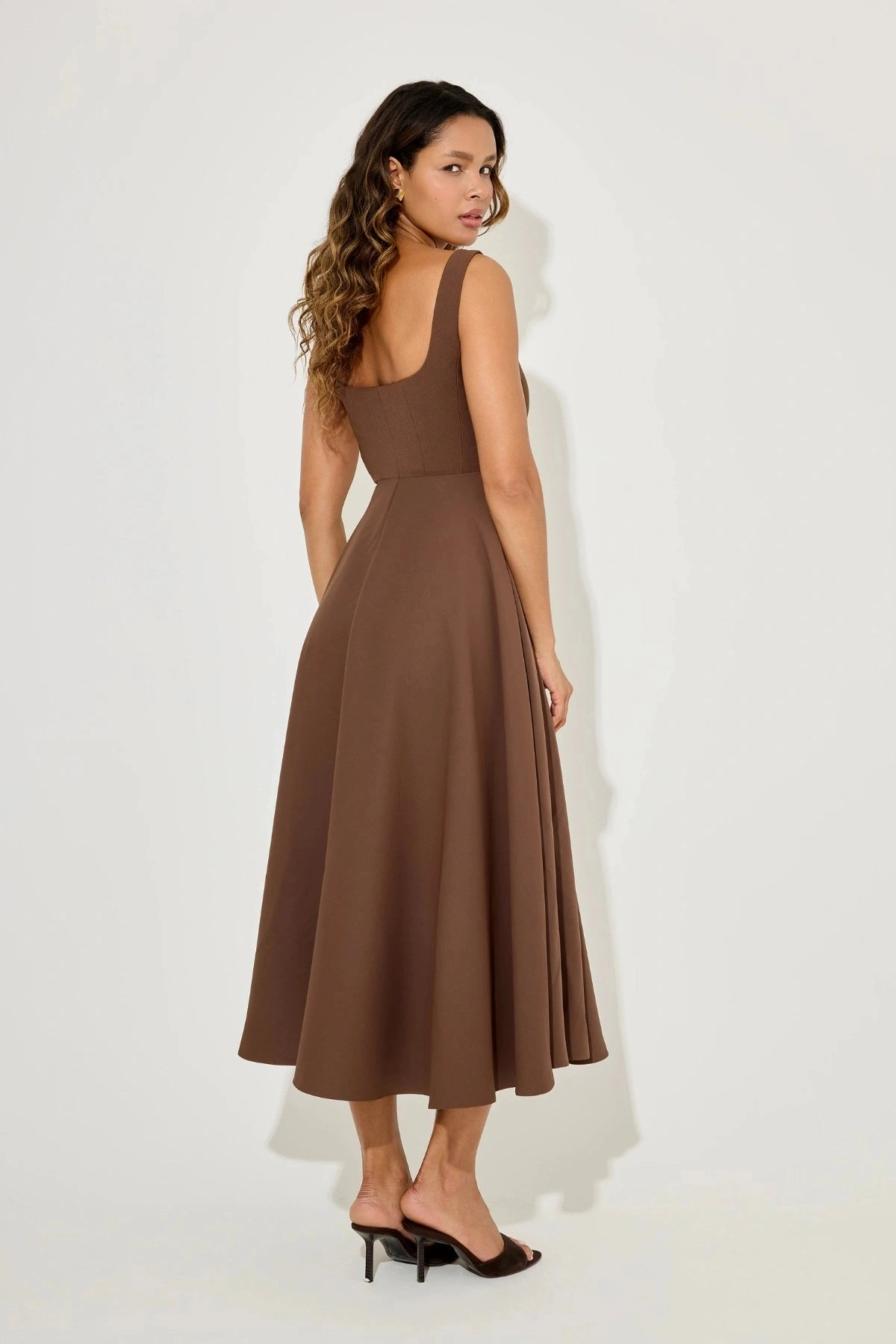 Layered Texture Sheer Look The Ultimate Muse High Waist Square Neck Midi Dress Chocolate