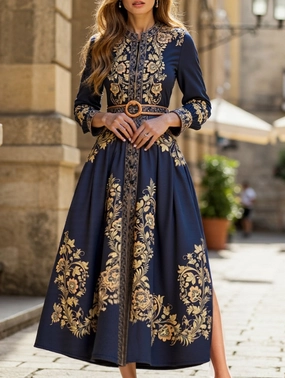 RETRO PALACE STYLE PRINT STAND COLLAR SLIT DRESS Basic Cool knee-length