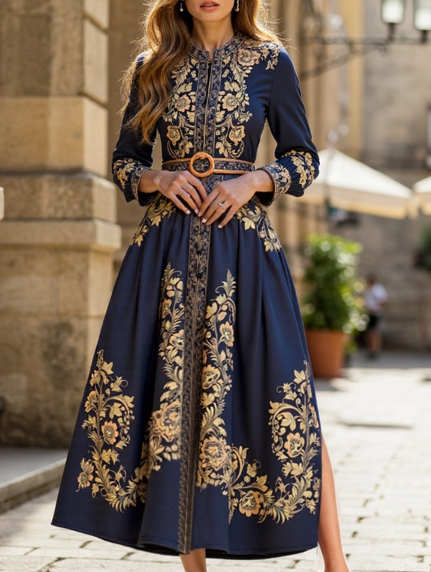 Gentle Stitch RETRO PALACE STYLE PRINT STAND COLLAR SLIT DRESS