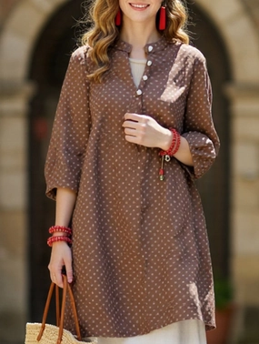 Retro Polka Dot Casual Loose Midi Shirt RibbedNeckline Stretch Fit
