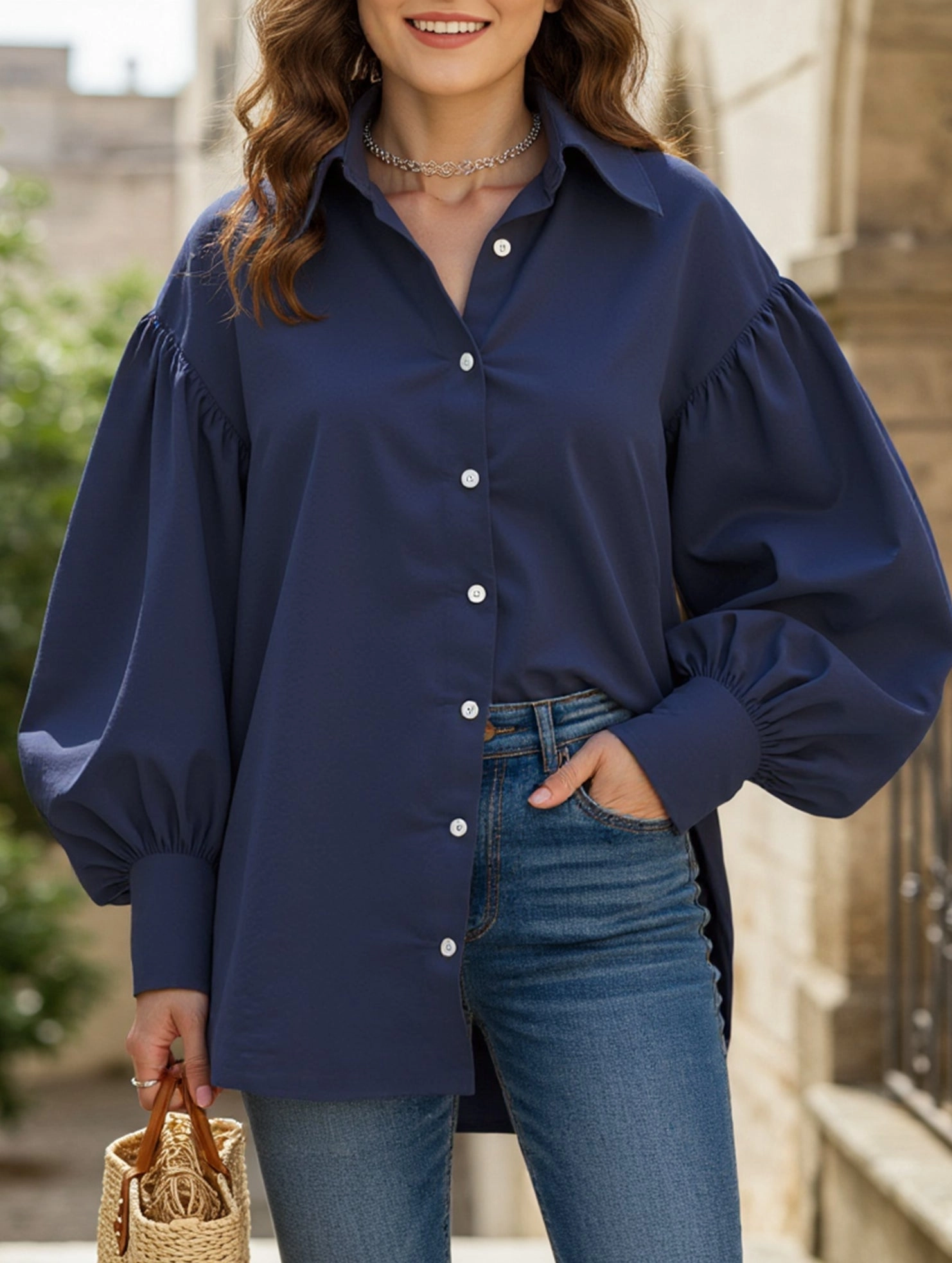 Loose Blouse Retro solid color lapel casual shirt