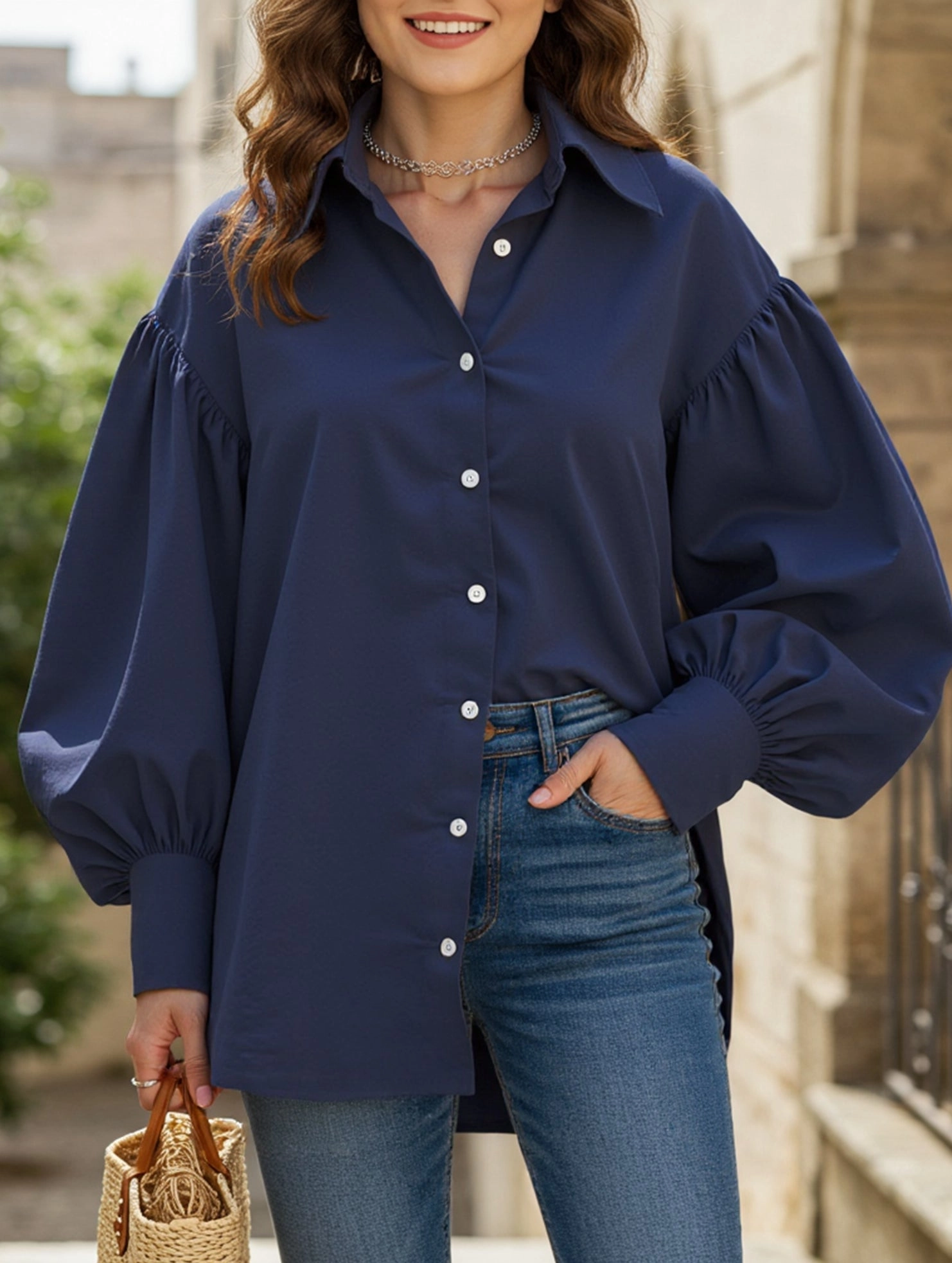 Retro solid color lapel casual shirt TonalStitching Thermal regulation