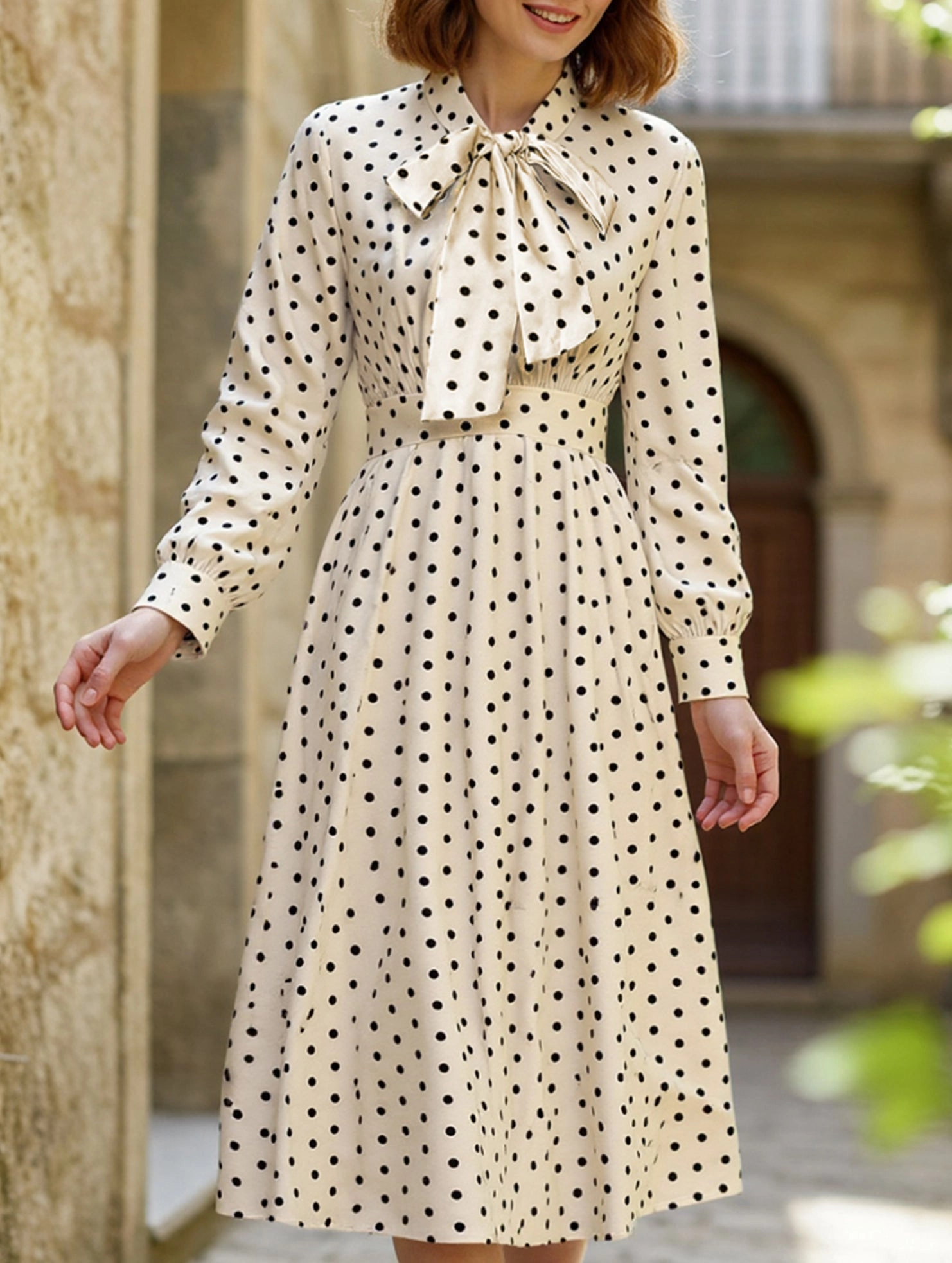 Retro style bow collar long sleeve polka dot dress Elegant Charm Underwire-Support
