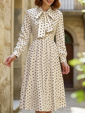 Retro style bow collar long sleeve polka dot dress Vibrant Waist Fit Contemporary Waist