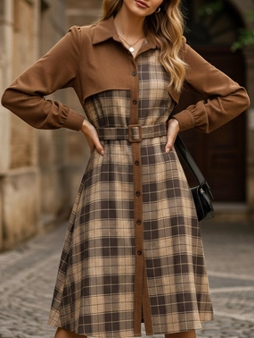 Retro-style shirt collar plaid patchwork dress Thermal-Lined