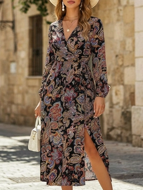 Retro style V-neck waist printed dress Subtle Glam Tiered Skirt