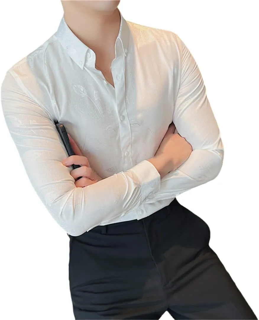 Rfmfkkg Men Jacquard Long Sleeve Dress Shirts for Clothing Slim Fit Business Casual Formal Wear