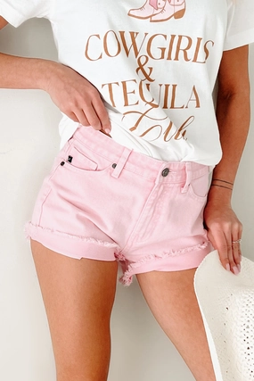 Cheyenne High Rise Frayed Kancan Denim Shorts (Pink) Cozy Comfort Fit