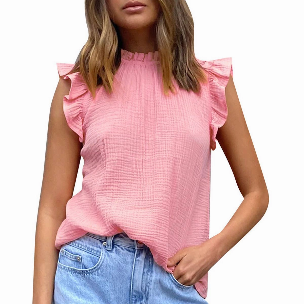 CHIFFON SOLID COLOR PATCHWORK SLEEVELESS BLOUSE_CWTBLSL0361 PolishedFinish SelfFabric Binding