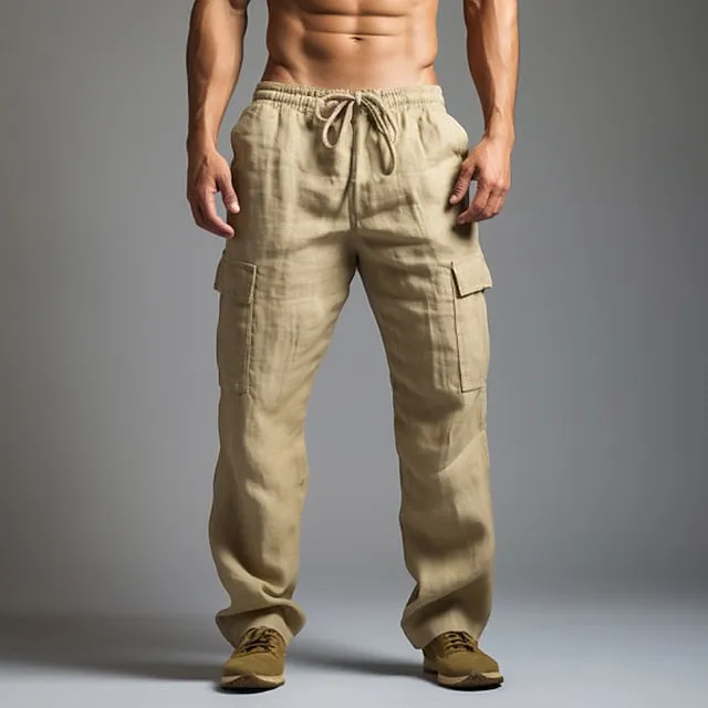 Riolio Men's Cargo Pants Linen Pants Trousers Summer Pants Drawstring Elastic Waist Multi Pocket Plain Comfort Breathable Outdoor Daily Going out Fashion Casual Black White