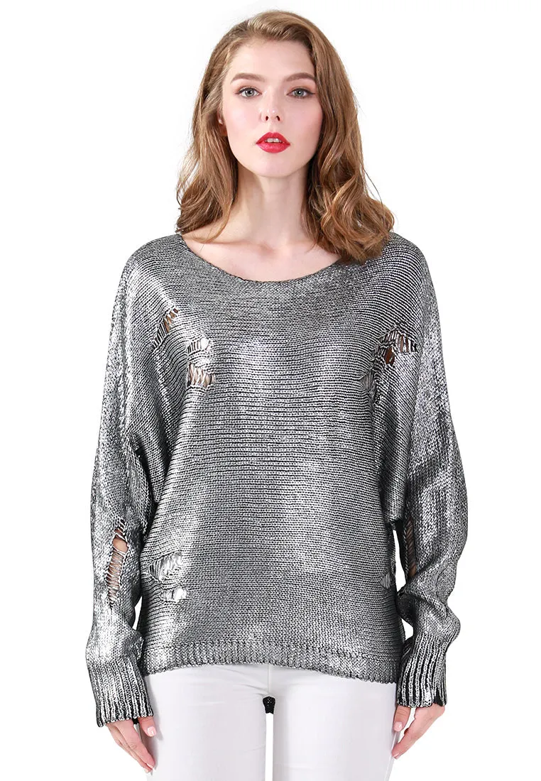 Ripped Full Sleeve Metallic Sweater in Silver