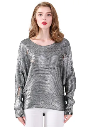 Ripped Full Sleeve Metallic Sweater in Silver