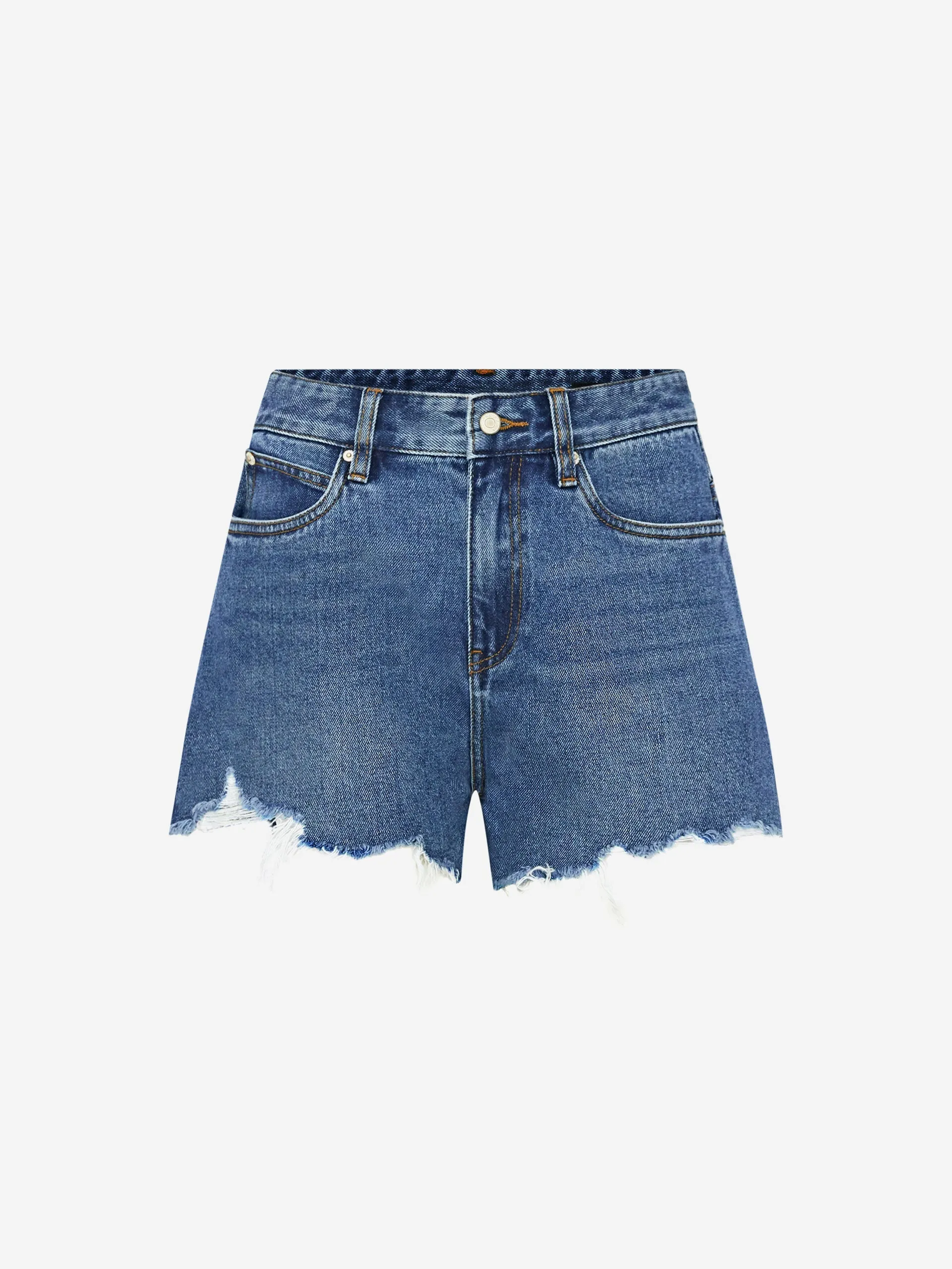 Ripped Washed Cotton Denim Shorts