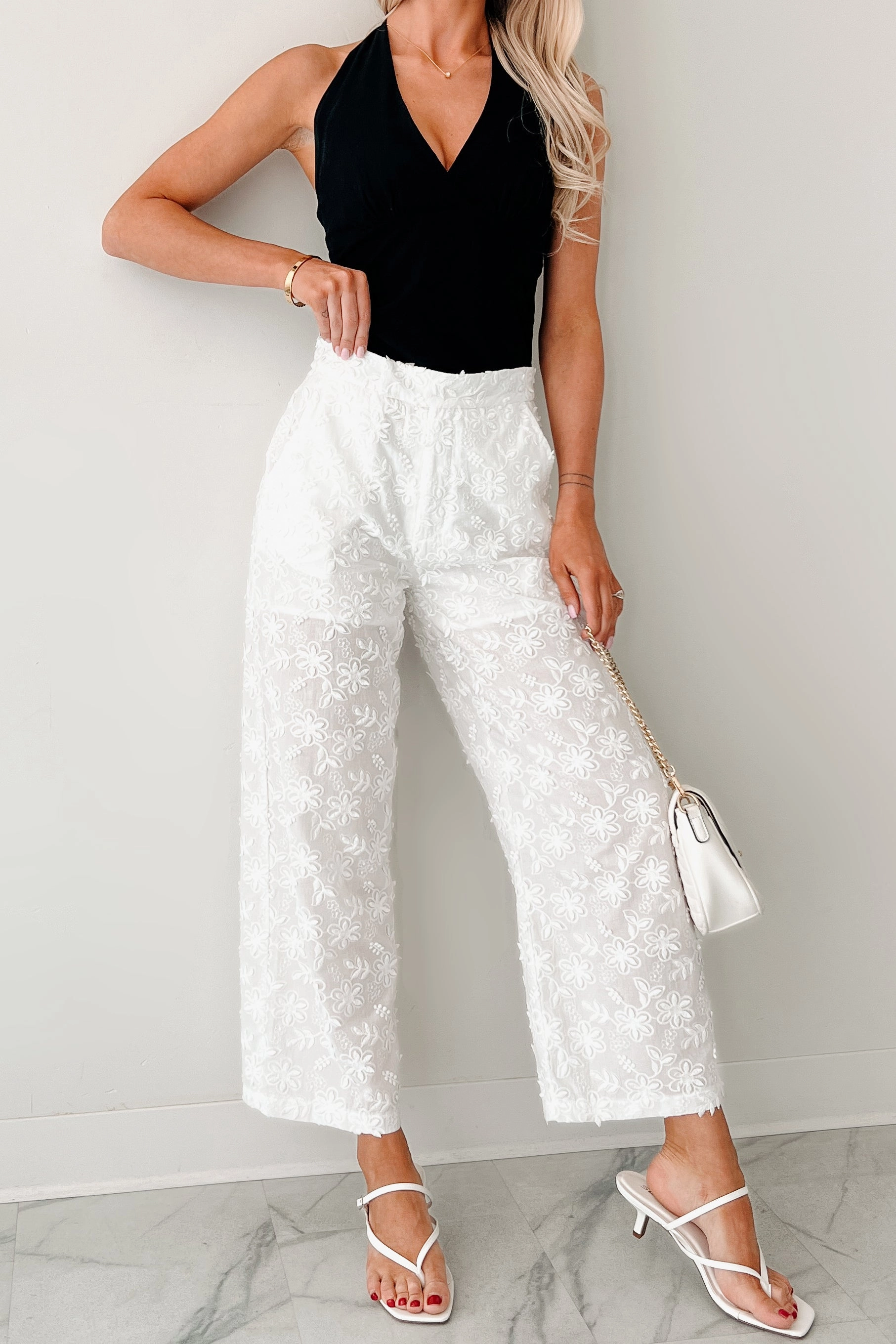 Rise & Shine Floral Embroidered Wide Leg Pants (White) Quick Comfort Chilly Layering