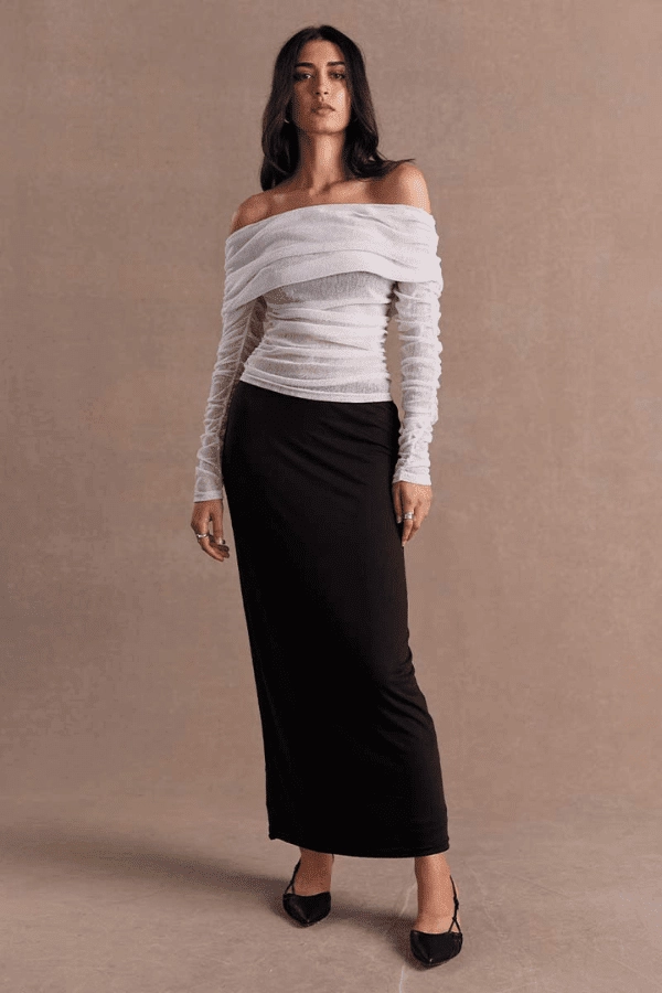 Rise Mesh Long Sleeve Dress Black/Chalk Draped Layer Color Pop