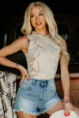 SnagProof Rodeo Ready Embroidered Ruffle Top (Sand)