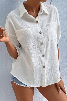 ROLL UP POCKET BUTTON UP LOOSE COLLAR SHIRTS Tactile Soft Texture