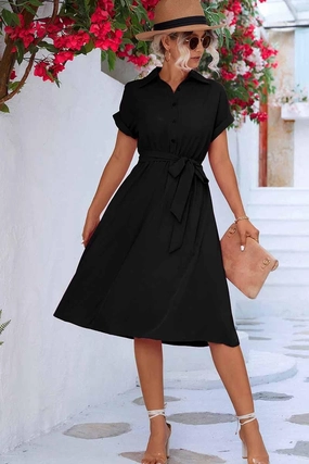 ROLL UP SLEEVE TIED WAIST FLARE SHIRTS DRESS Classic Comfort