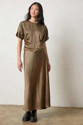 Satin Bias Maxi Skirt in Parsley Cool Details Embossed Detail