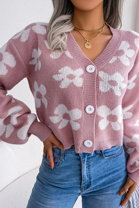 FullCut Shoulder Reflective Trim WOMEN FLOWER PRINTING COZY BUTTON UP CARDIGAN