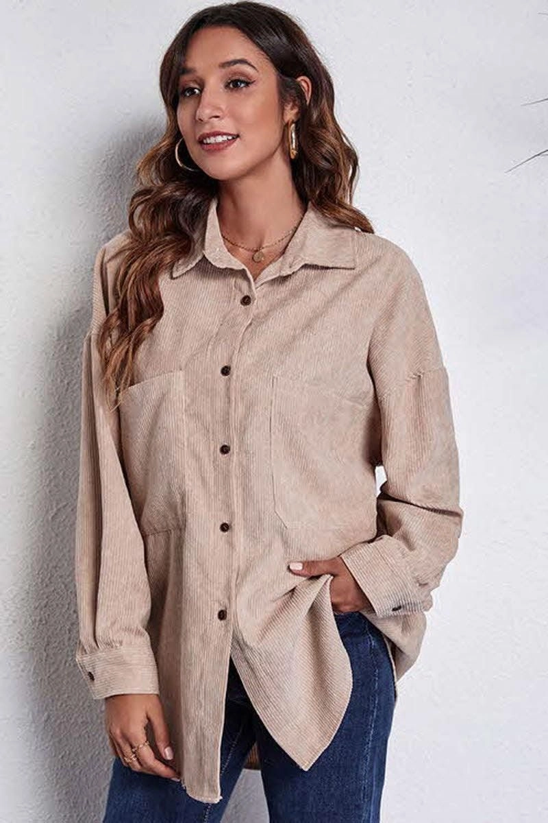 Recycled Polyester Blend Tapered Side Panels STITCHING POCKETS CORDUROY SHIRT