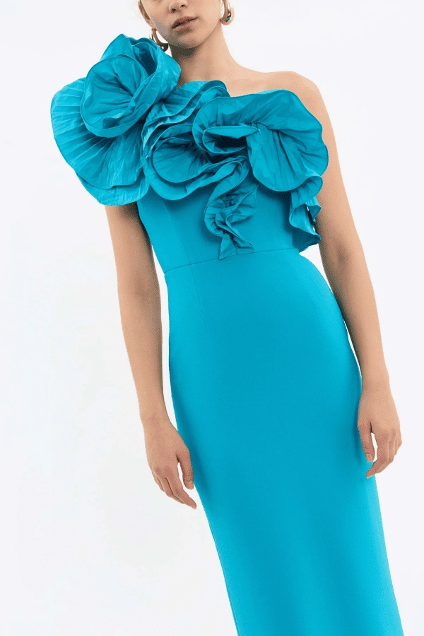 Ella Gown Blue Fringe-Detail Matte Fabric