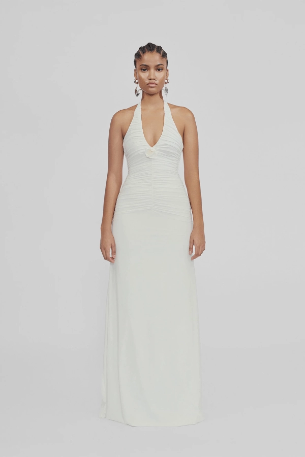 Shirred-Detail Chic Casual Wear Roman Off White