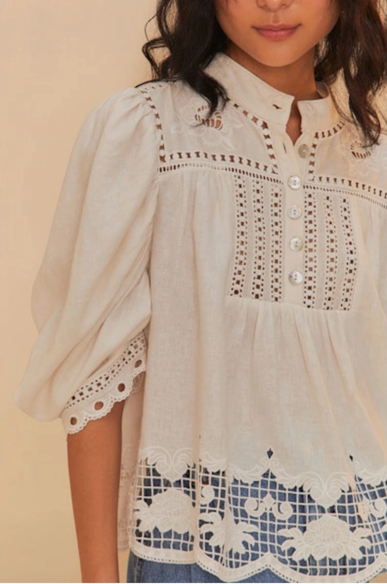 Romantic Richelieu Short Sleeve Blouse Off-White SoftBrushed Printed Blouse