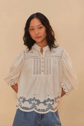 Romantic Richelieu Short Sleeve Blouse Off-White Airflow Vents MultiFunctional Pocket Placement