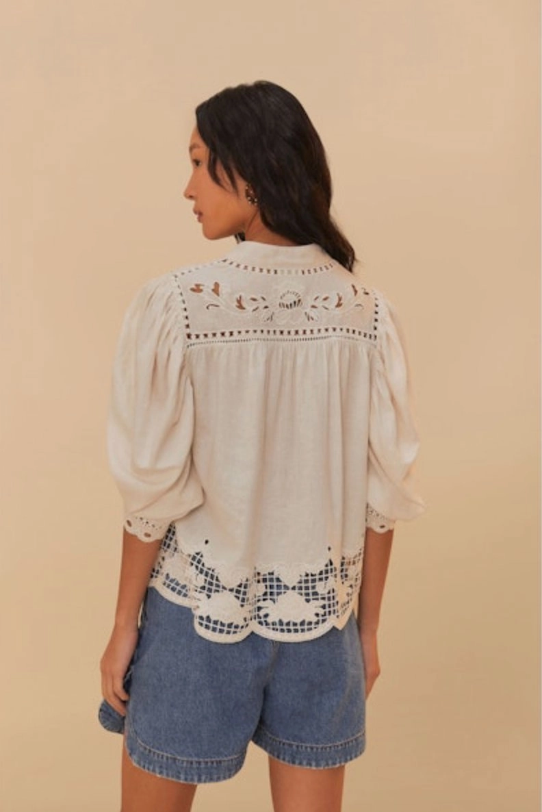 Romantic Richelieu Short Sleeve Blouse Off-White Loose cut AntiStaticTreatment