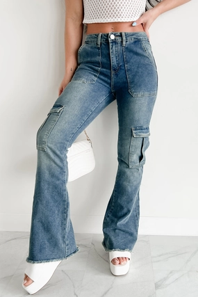 Rome High Rise Cargo Flare Indigo Reign Jeans (Medium) Functional Fit Soft Waistband