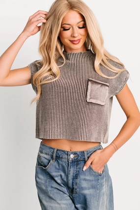 Rooted In Rest Short Sleeve Zenana Sweater (Mocha) Durable Stitch Pattern