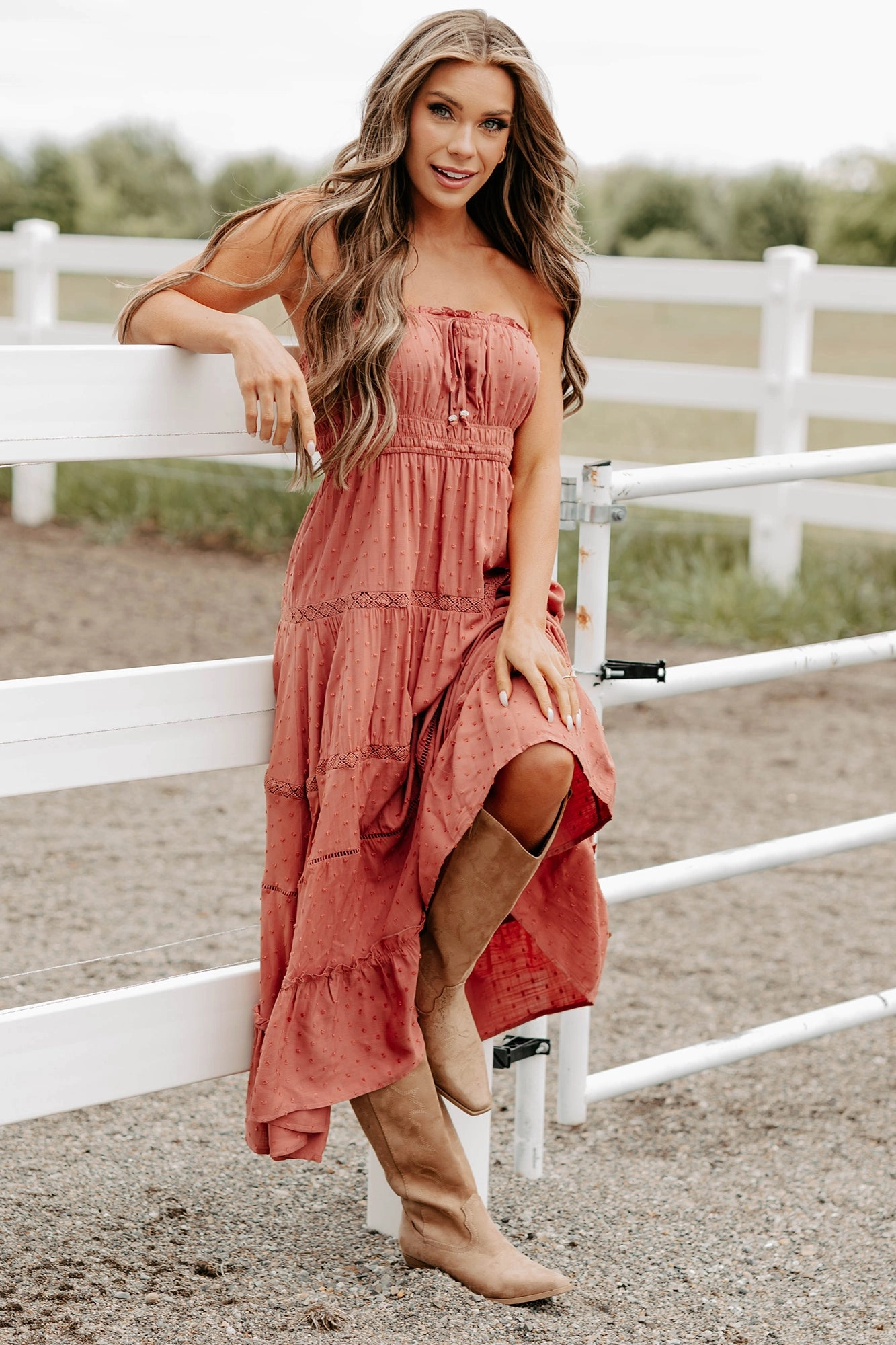 Belt Waist Soft Structure Rosy Routine Strapless Maxi Dress (Dusty Terracotta)