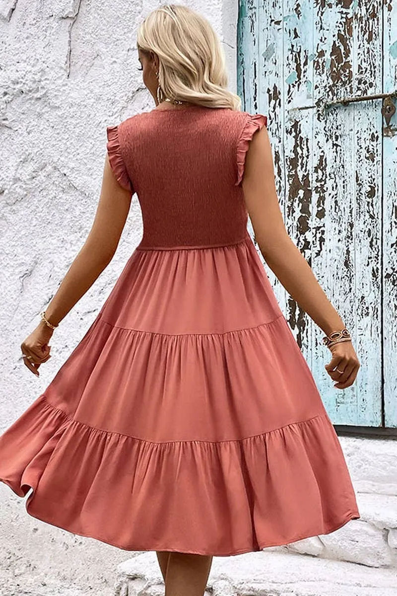 Round Neck Sleeveless Smocking Detailed Dress: RUST