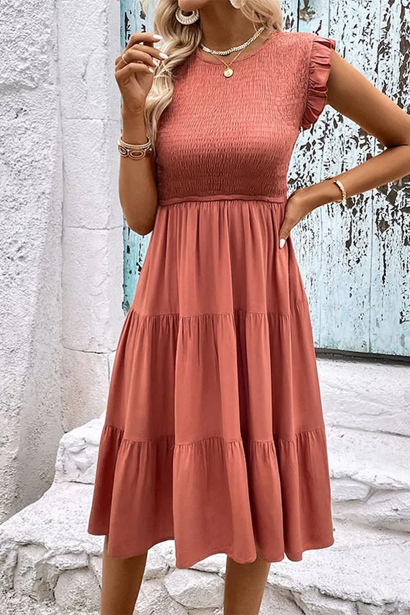 Round Neck Sleeveless Smocking Detailed Dress: RUST