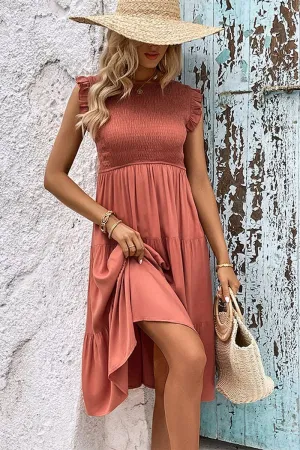 Round Neck Sleeveless Smocking Detailed Dress: RUST