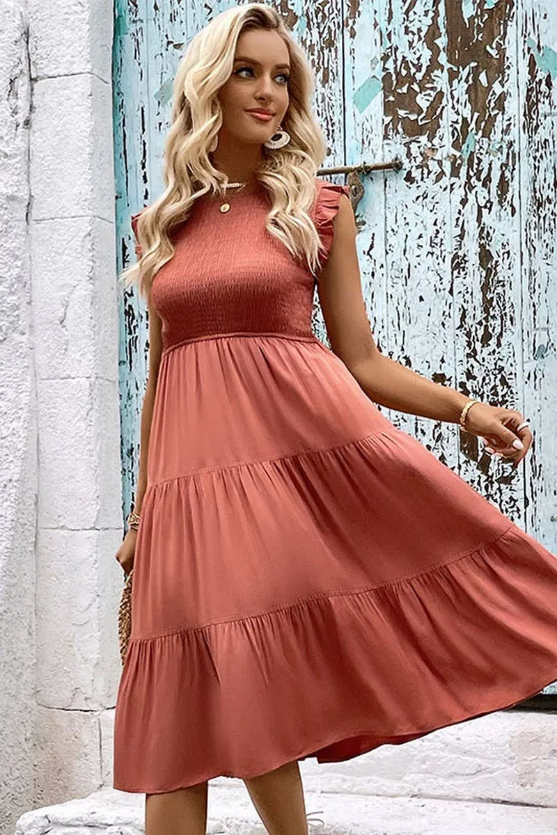 Round Neck Sleeveless Smocking Detailed Dress: RUST