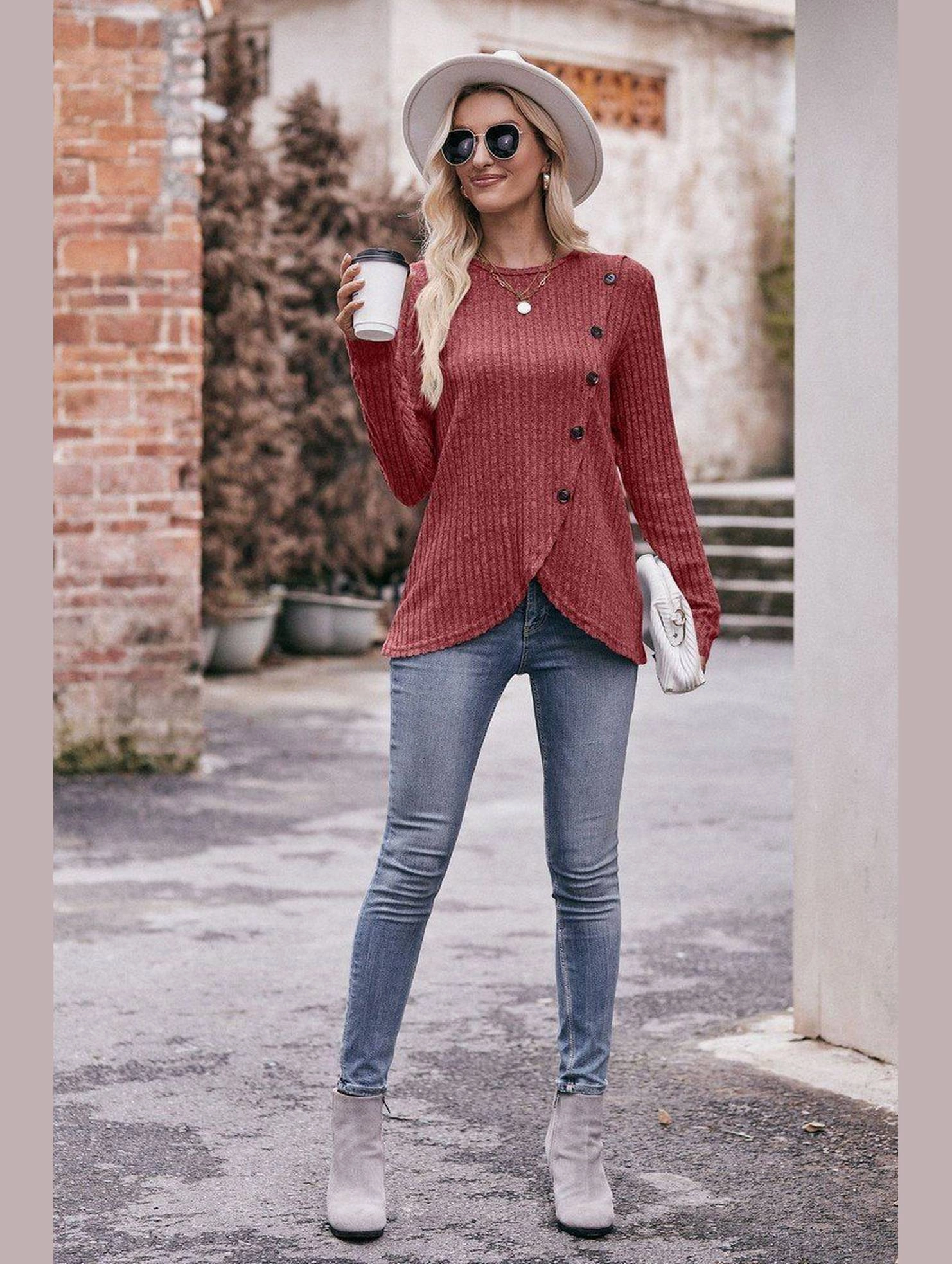 Stretch Fit Seamless Construction Design ROUND NECK BUTTON FITTING CORDUROY PULLOVER