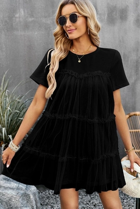 Subtle Flow Comfortable Waist Design Fit ROUND NECK GAUZE SPLICING SHORT DRESS
