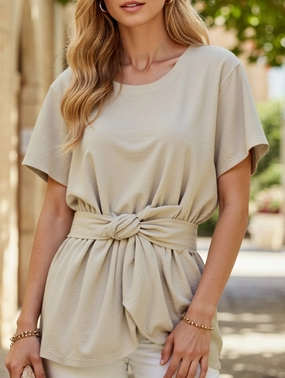 Round neck short-sleeved T-shirt belted tunic top BambooBlend