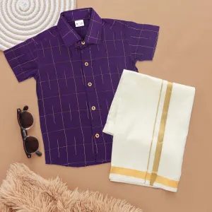 Royal Purple Checkered Boys Casual Shirt with Dhoti