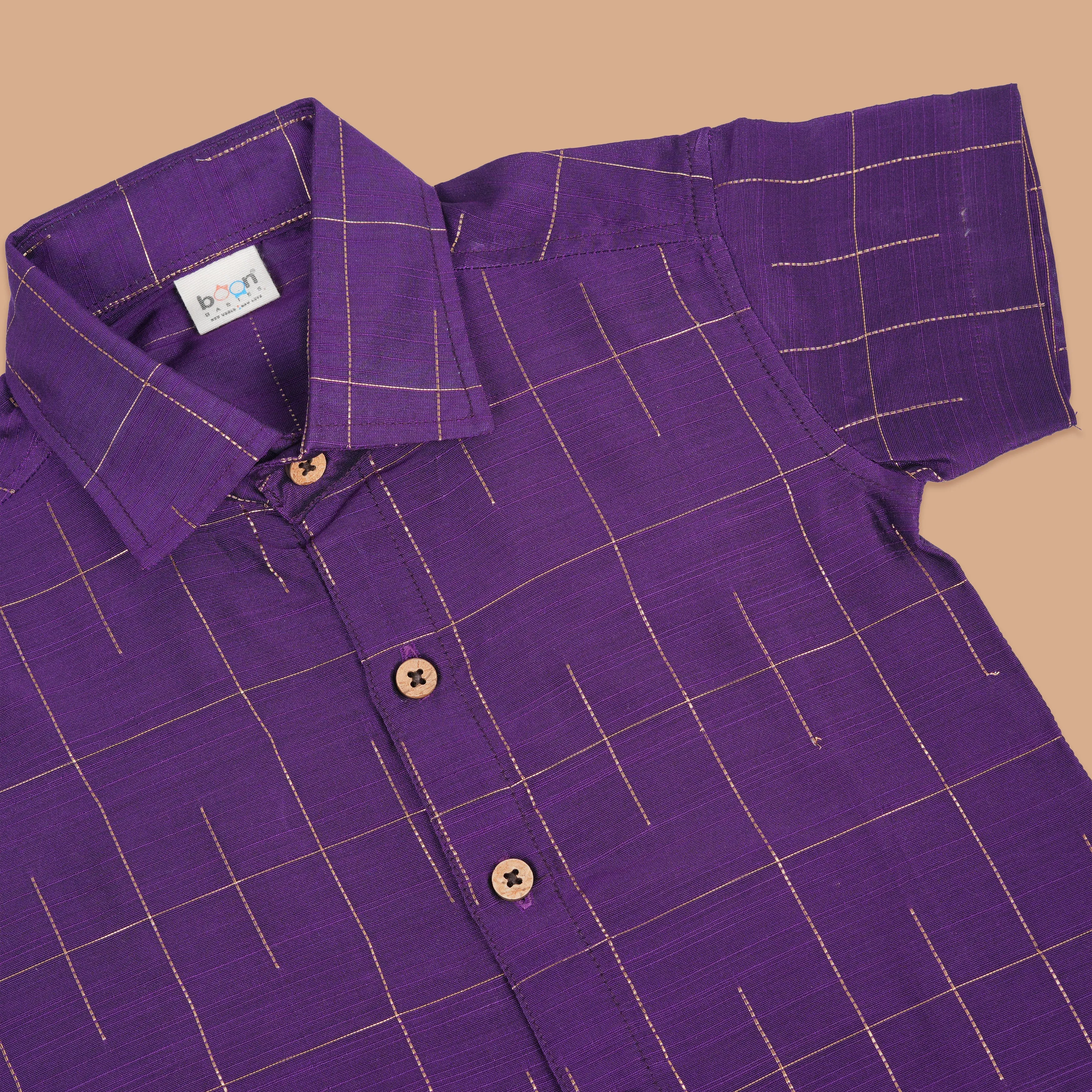 Royal Purple Checkered Boys Casual Shirt with Dhoti