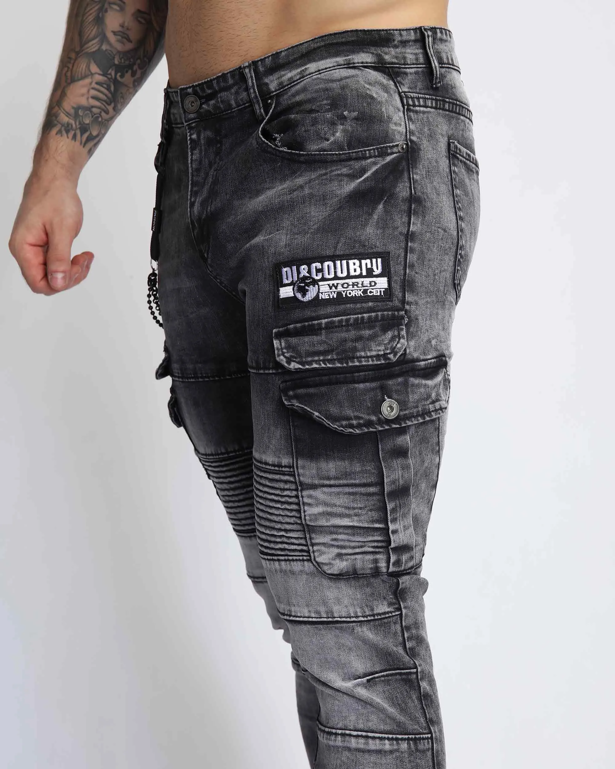Ruched Design Gray Workwear Jeans with Badge-Mexico Local Delivery
